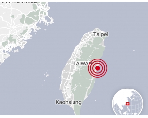 一场强烈的地震震撼了台湾，建筑物倒塌，引发海啸
